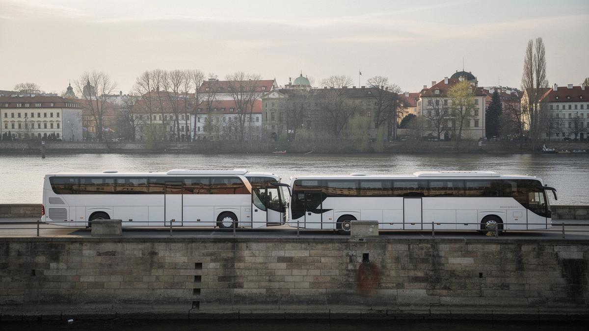 Coaches lined up along the Vltava embankment in Prague before a morning city departure